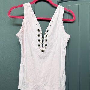 Women’s Biker Chain Lace-Up V-Neck Tank Top - Light Pink with Rivets